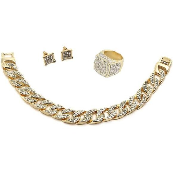 Gold Fully Iced Out Watch & Jewelry Set w/Cuban Chain Bracelet, Earrings & Ring - Picture 2 of 6